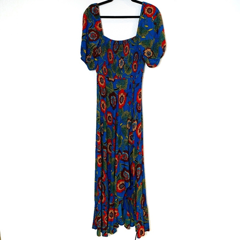 Band of Gypsies Maxi Dress Small Blue Moissanite Smocked Floral Long Front Slit